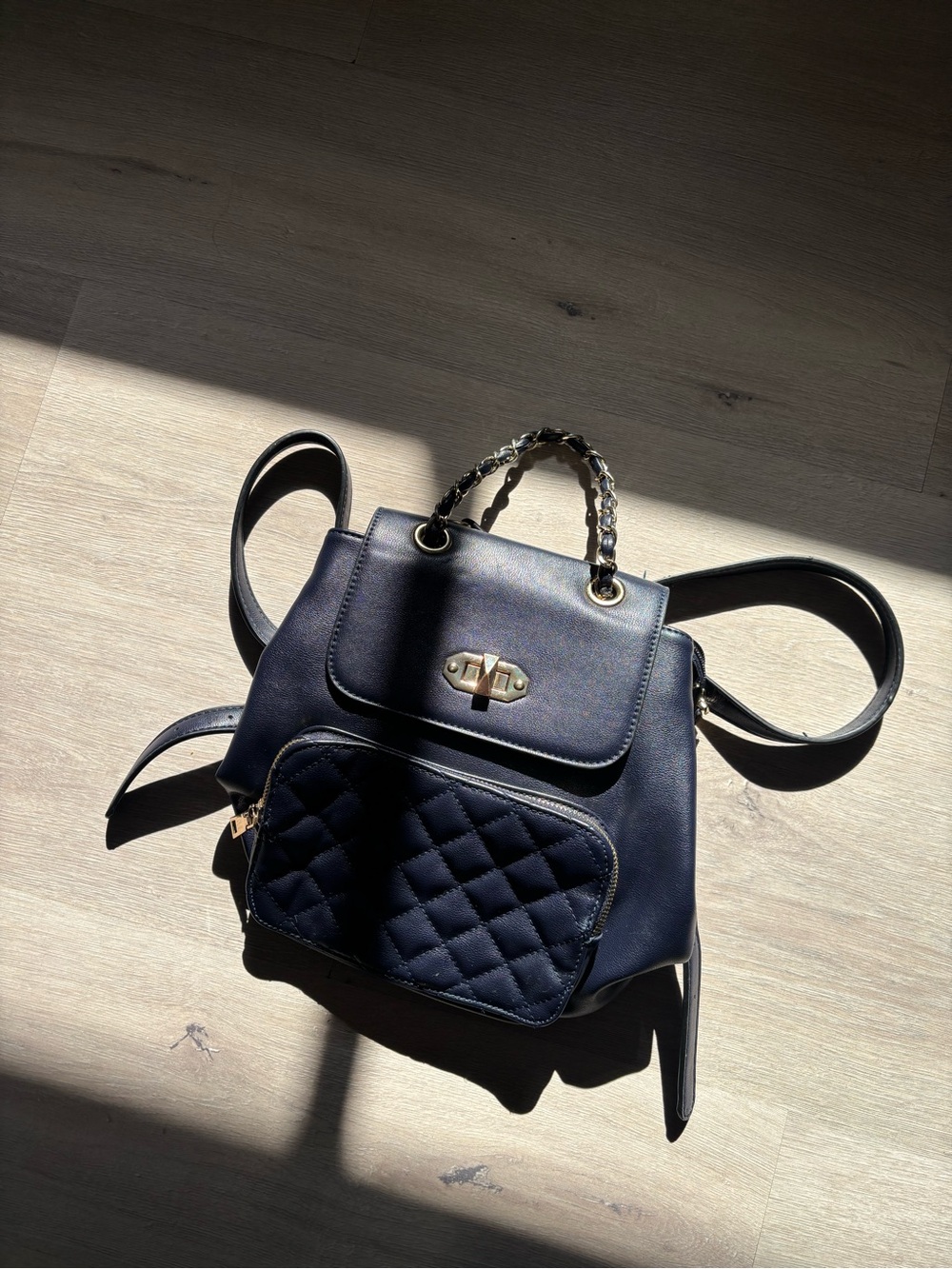 Quilted Front Pocket Navy Backpack with Chain-Detail Handle